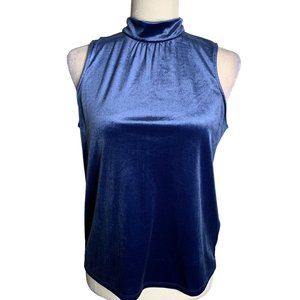 Banana Republic Velvet Mock Neck Top XS Blue Sleeveless Tie Keyhole Back